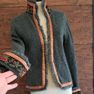 Free People Wool Blend Fair Isle Sweater/jacket W/brocade And Fur Trim. Sz M.